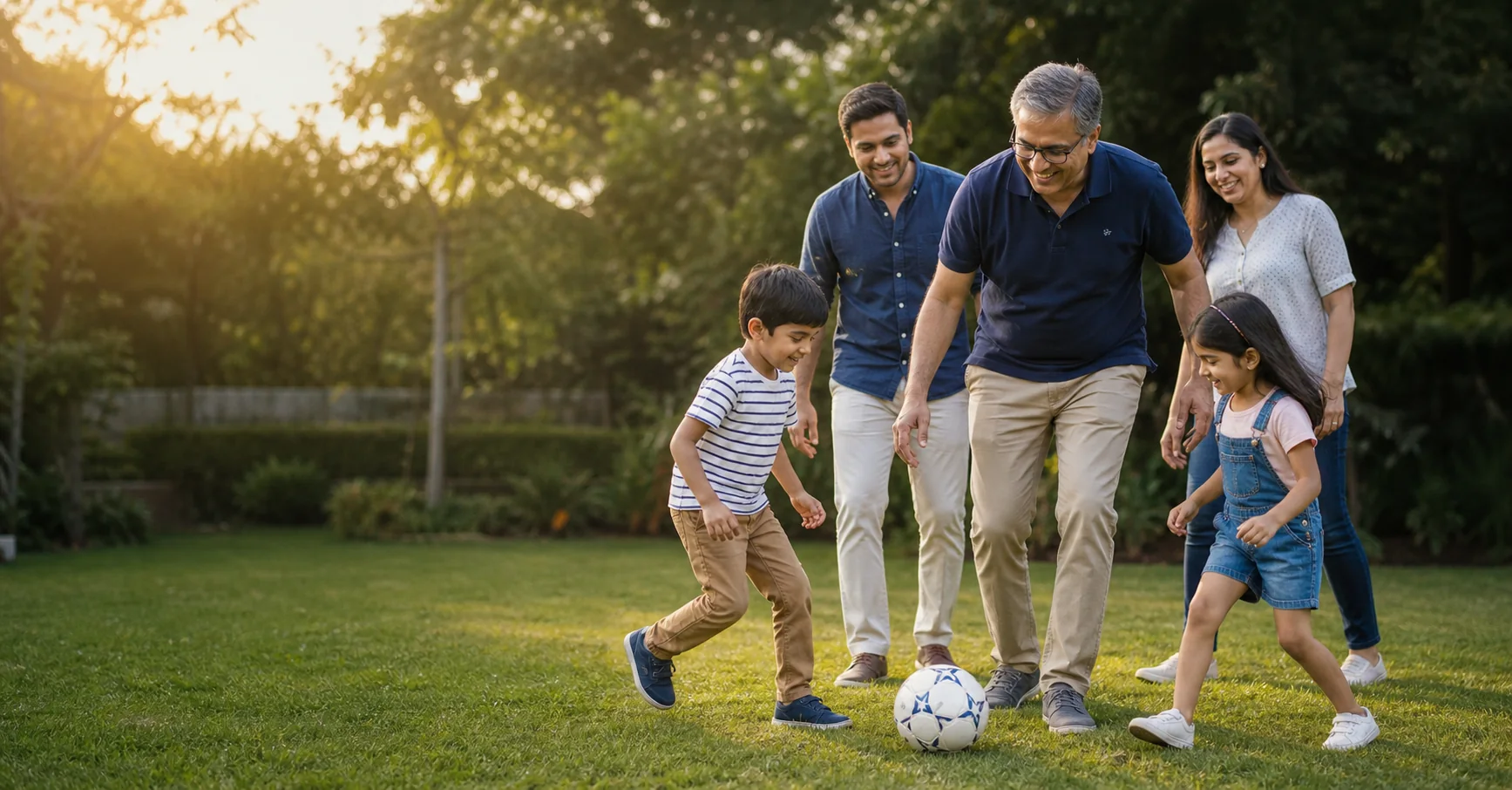 A grandfather playing outdoors with his children and grandchildren.